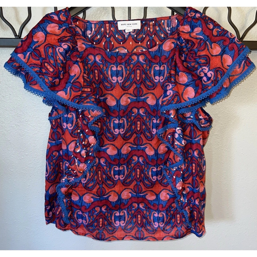 Marc New York~size M~Boho Abstract Flutter Sleeve 100% Cotton Blouse